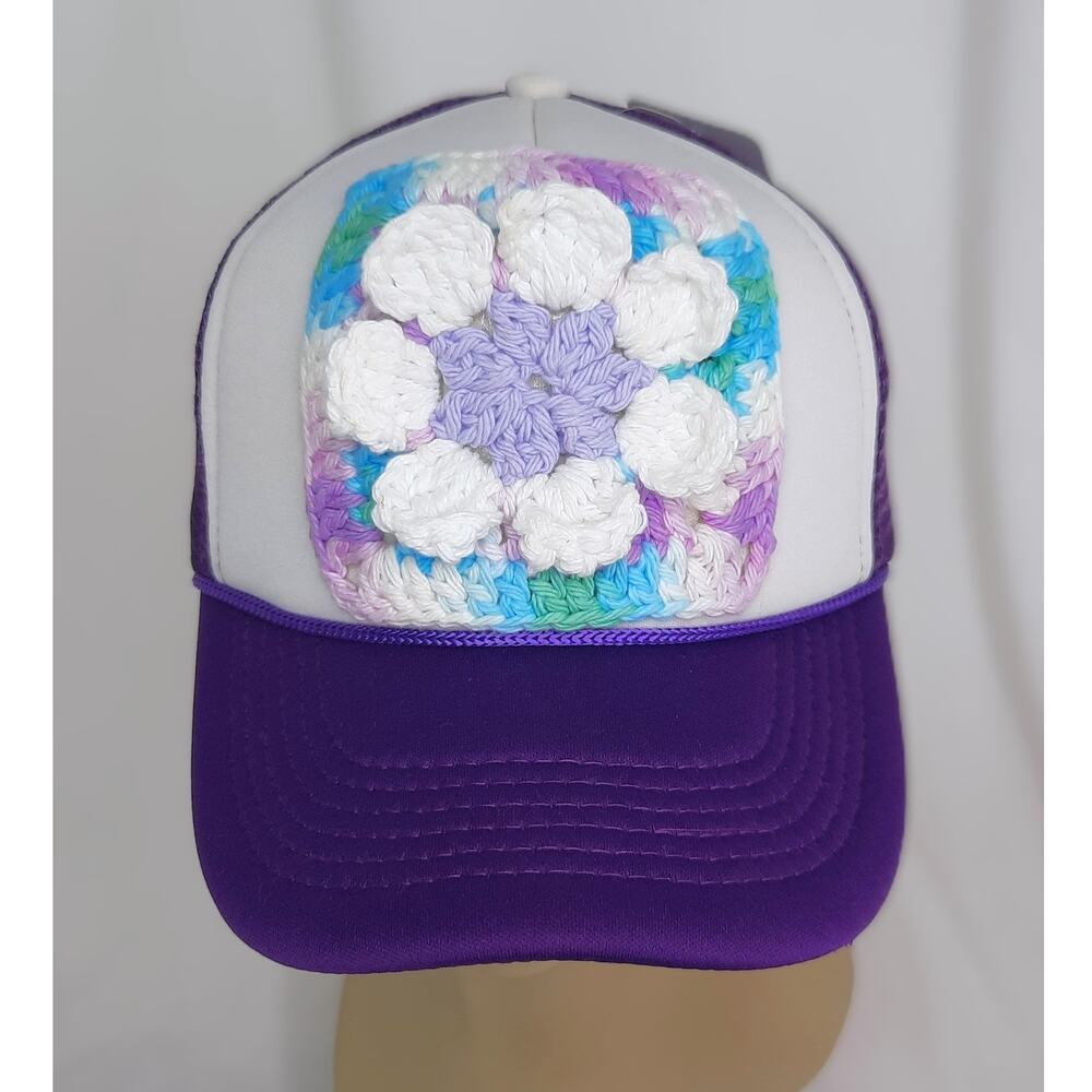 Artisan Purple Mesh Trucker Hat Crochet Granny Square Cap Y2K Cottage Floral NEW